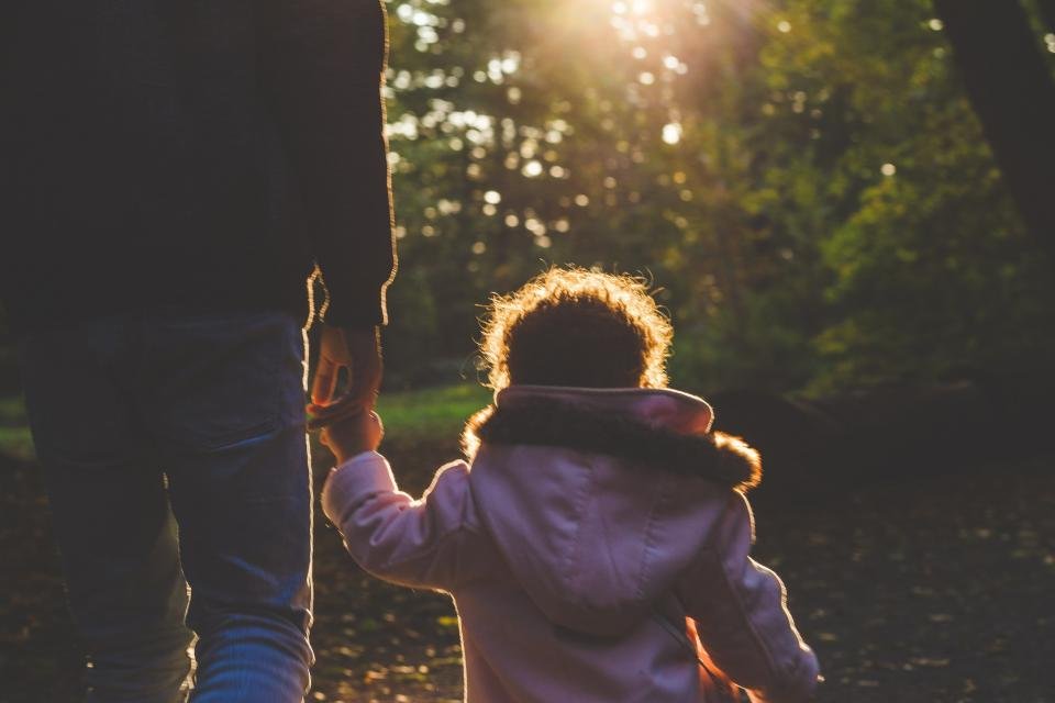 Pai e filha caminhando de mãos dadas em um parque, vistos de costas